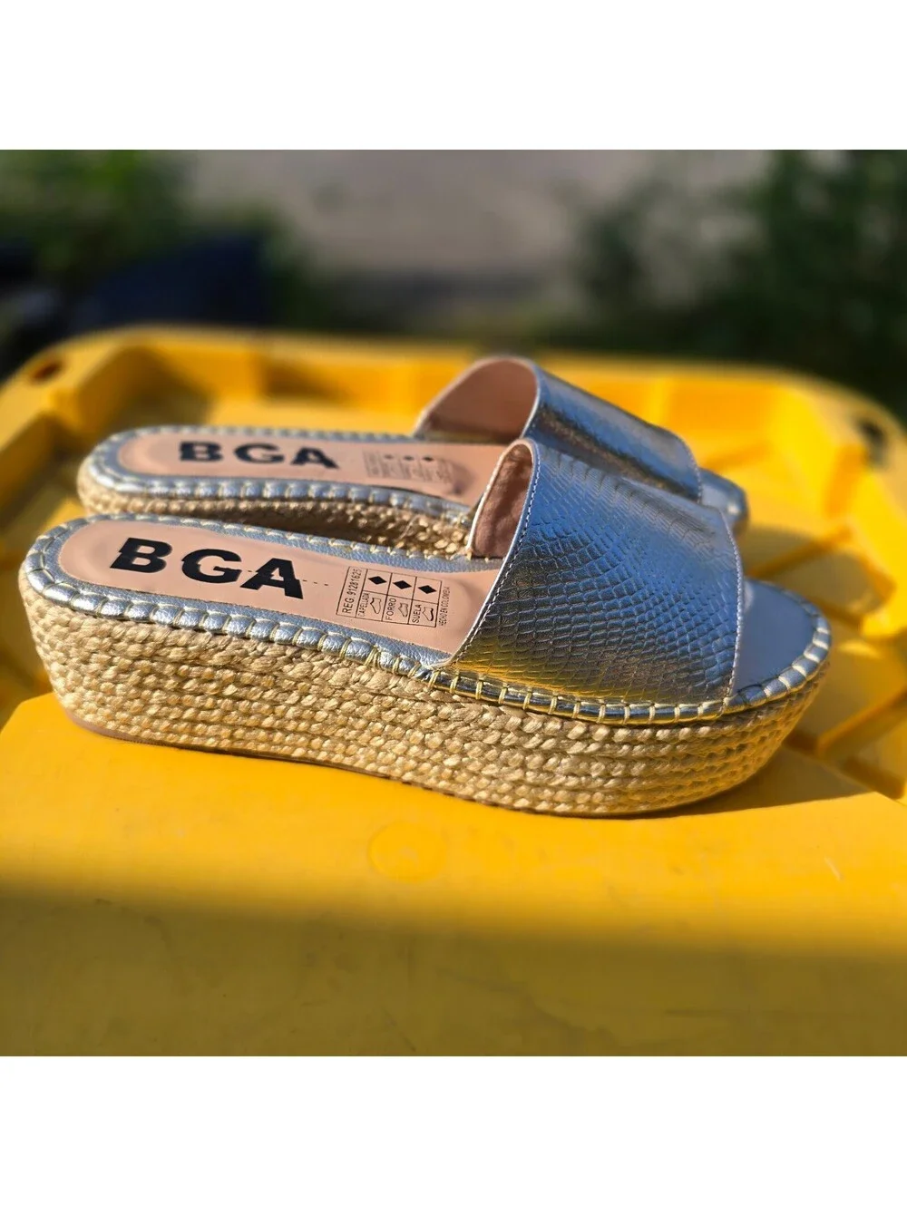 BGA Silver Metallic Platform Slide Sandals with Woven Espadrille Wedge Heel, US